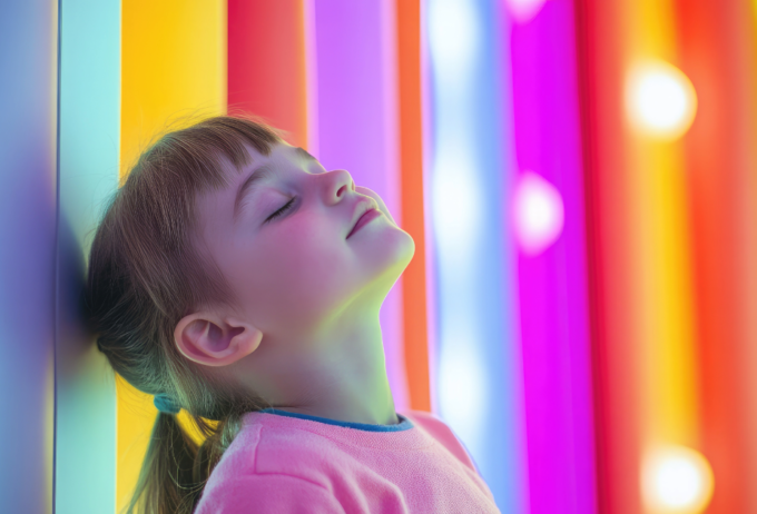 Girl leaning against brightly coloured wall. Eyes closed, smiling